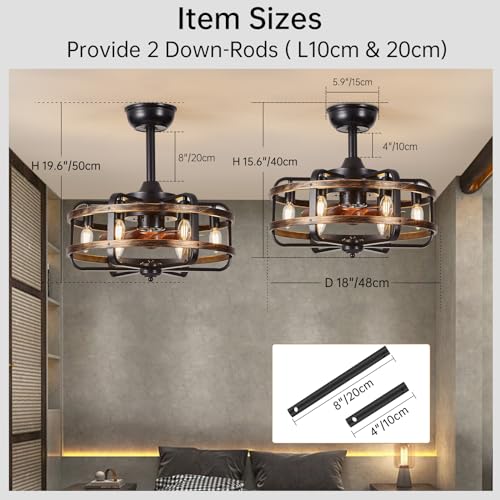 IZOWE Ceiling Fans with Lights and Remote, Industrial Caged Ceiling Fan 3 Speed Vintage Reversible Ceiling Fans with Lamps for Bedroom Dining Room Kitchen E14*6