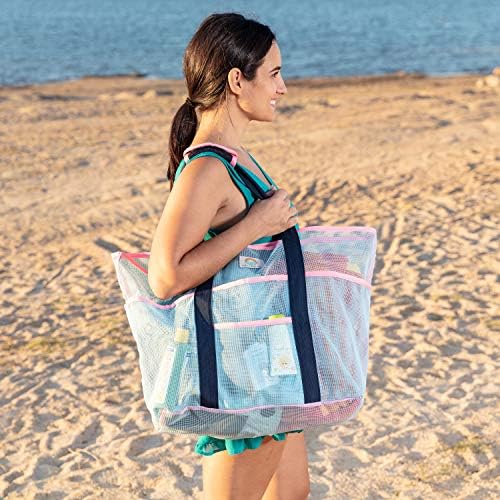 Mesh Beach Bag – Large Family Tote & Pool Bag - Extra Storage - 9 Oversized Pockets for Organization & Zippers, Comfortable Shoulder Strap - Stylish Blue and Pink - Women and Men 9 Mesh Beach Bag – Large Family Tote & Pool Bag - Extra Storage - 9 Oversized Pockets for Organization & Zippers, Comfortable Shoulder Strap - Stylish Blue and Pink - Women and Men