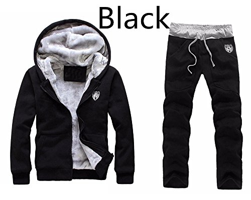 Mens Tracksuit Warm Sport Jogging Sweat Suits Hooded Sweatshirt Hoodies Coat & Bottoms Set (L, Black) - Thumbnail 3