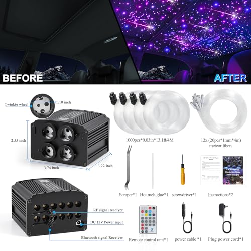 Car Starlight Headliner Kit, 4 Colours, 32 W Twinkle & Meteor Fibre Optic Ceiling Lights, 2 in 1 Light Engine, 1000 Pieces x 0.03 in x 13.1 ft + 240 RGBW Shooting Stars Lights for Car Roof Décor