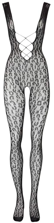 Orion Catsuit - Netz-Catsuit mit sexy Leo-Muster, ouvert Reizwäsche Einteiler mit Zierschnürung, Fuß und Zehen verstärkt
