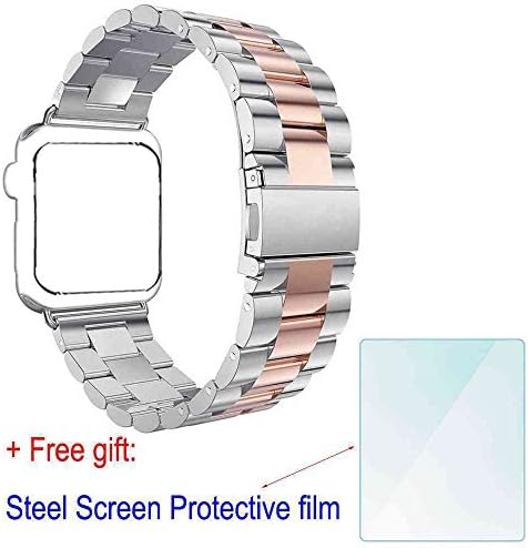 ZhenYue 2016 Latest Solid Stainless Steel Metal Replacement 3 Pointers Watchband Bracelet Strap Bands Band +Double Button Folding Clasp for Apple Wrist Watch Iwatch Series 1 2 (Silver+Rose Gold, 42mm)