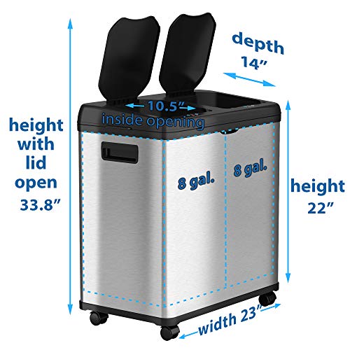 iTouchless 16 Gallon Touchless Trash Can and Recycle Bin, Stainless