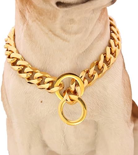 GZMZCDog Chain Collar 18K Gold High Polished Stainless Steel Cuban Link Strong Heavy Duty Chew Proof Walking Training Chain Leash Collar for Small Dogs(15mm, 18")