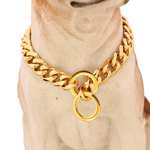 GZMZCDog Chain Collar 18K Gold High Polished Stainless Steel Cuban Link Strong Heavy Duty Chew Proof Walking Training Chain Leash Collar for Small Dogs(15mm, 18")