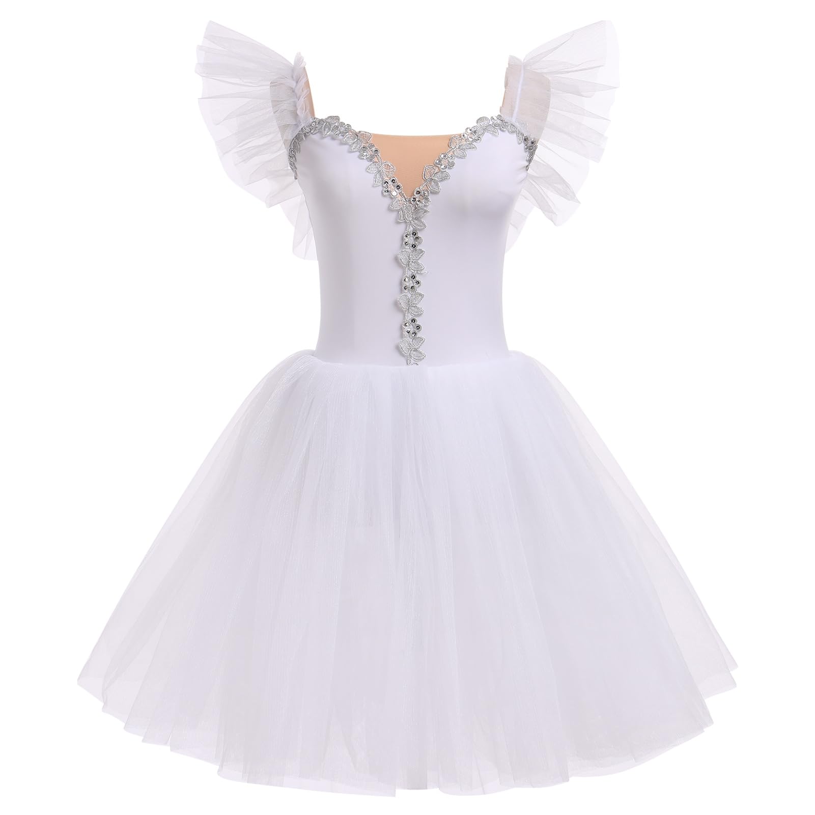 Photo 1 of AFAVOM Dance Leotards for Women Ballerina Swan Lake Costumes Adult Ballet Dance Dress Long Tulle Camisole Skirted Leotard Embroidery Sequin Tutu Dress for Performance Dancewear White - Ruffle L