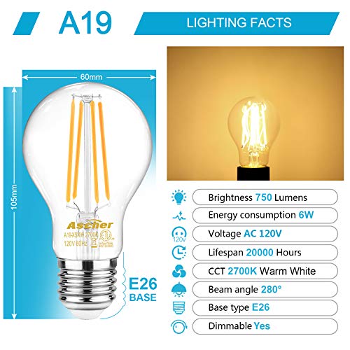 image for Ascher 60 Watt Equivalent, Dimmable E26 LED Filament Light Bulbs, Warm