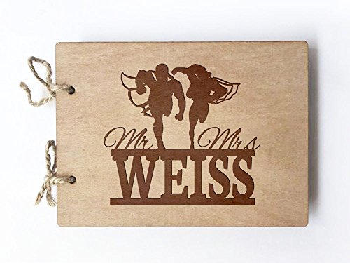 Wedding Guest book (wood) - notebook - Mr and Mrs Personlaized Superhero Running Couple