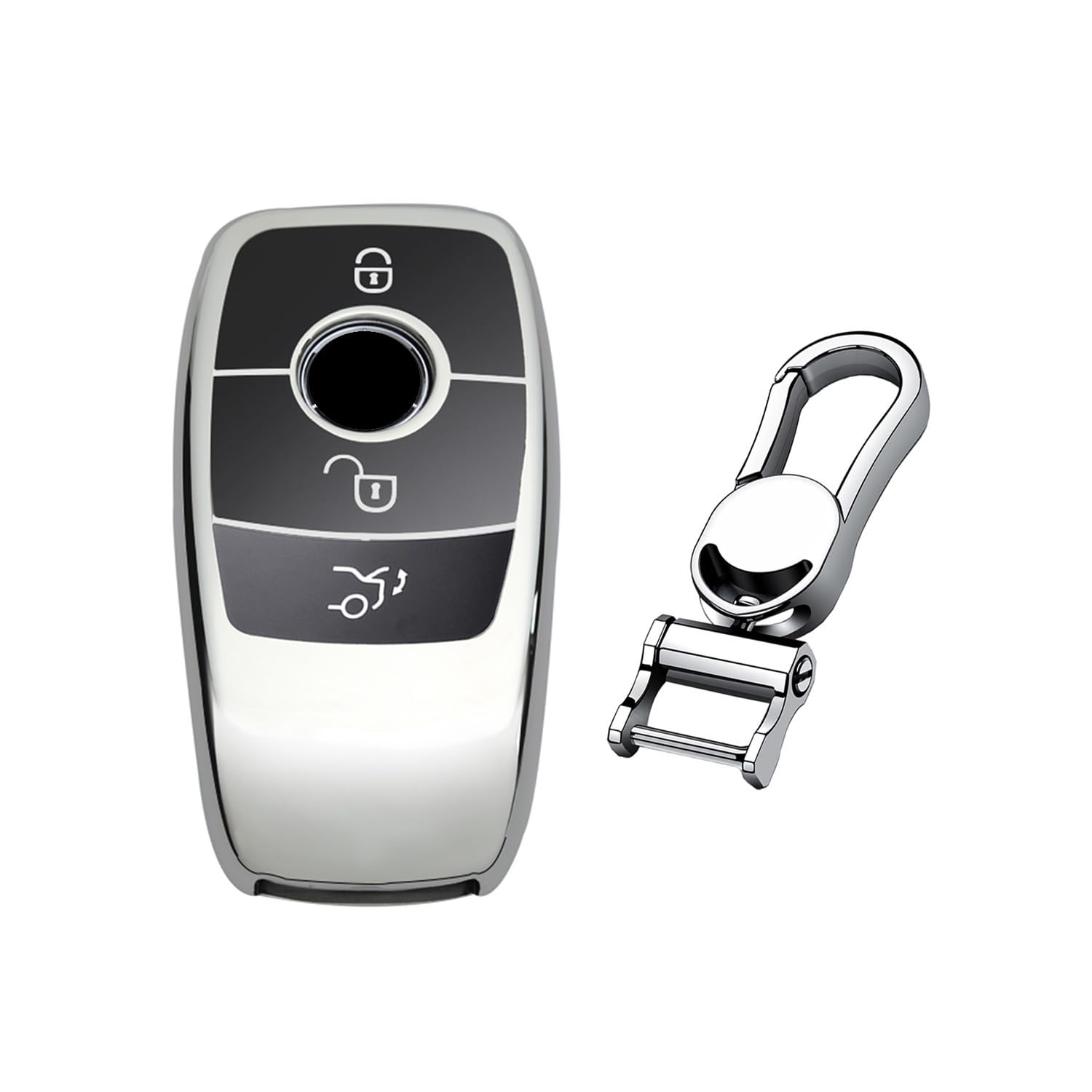 M.JVisun Soft TPU Case Cover Protector Car Remote Key Fob Case For Mercedes-Benz Class A, C, G, E, S - Glossy Silver - Metal Keychain — image 1