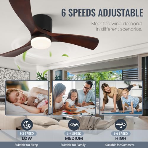 GESUM 42" Ceiling Fan with Lights Remote Control, Low Profile Ceiling Fan with 3 Walnut Wood Blades, Reversible,Dimmable, Flush Mount Ceiling Fans for Living Room Kitchen Bedroom(Black+Walnut)