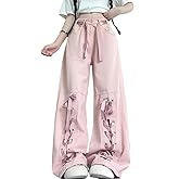 RILGOU Harajuku Y2K Kawaii Gothic Vintage Casual Style High Waisted Straight Wide Leg Ribbons Trim Pink Denim Pants