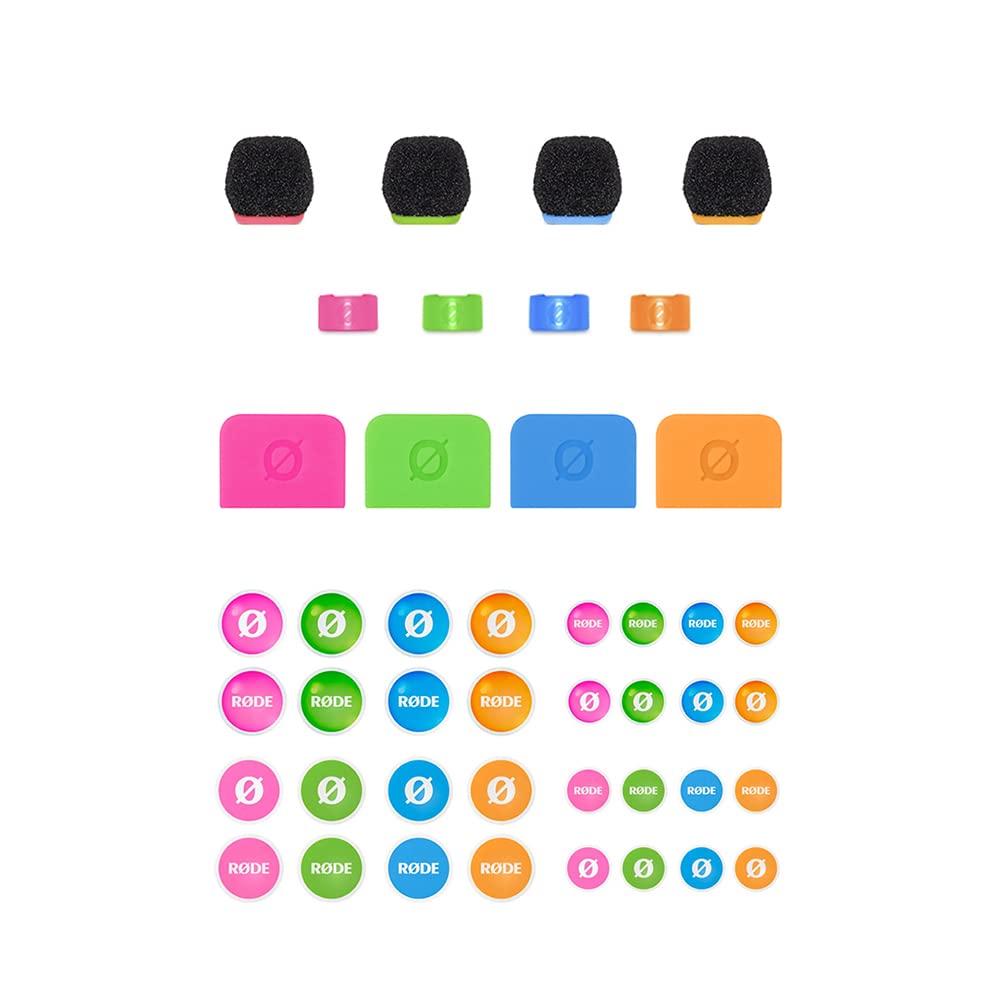 RØDE Colors 3 is a set of four coloured windshields, cable identification rings, tags and a sticker set for the RODE Wireless GO, Wireless GO II and Lavalier II. (COLORS3)