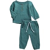 KtwHarnu Toddler Baby Boy Girl Clothes Cotton Linen Long Sleeve Button Pullover Tops Drawstring Pants Set Casual Outfit