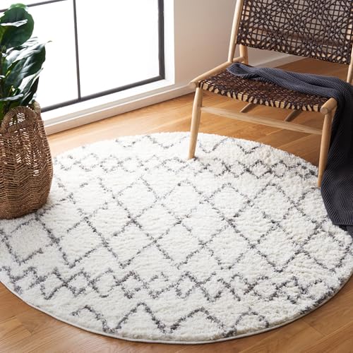 SAFAVIEH Berber Shag Collection Area Rug - 5'1" Round, Cream & Light Grey, Moro…