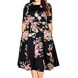 Samtree Women's Plus Size Floral 3/4 Sleeve Backless Cocktail Party Swing Dress(UK 24(US 20 Plus),Black Floral)