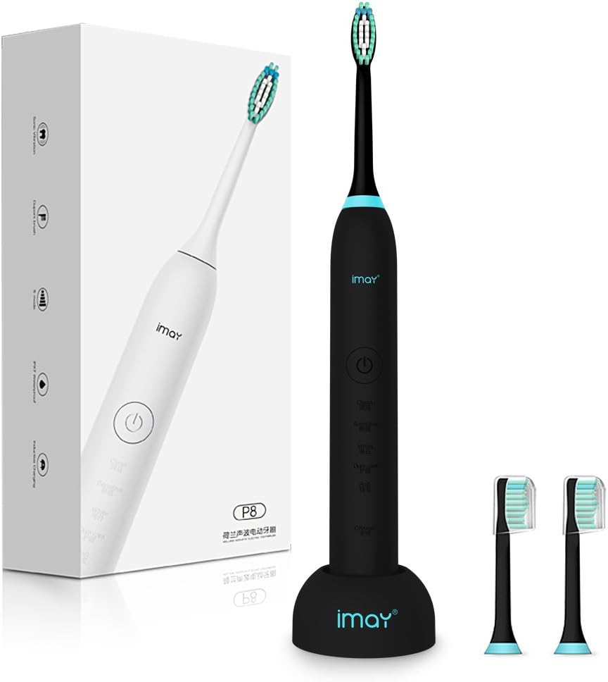 imay Electric Toothbrush with 5 Modes Waterproof Deep Clean Smart Timer Cordless Inductive Rechargeable Sonic Toothbrush 3 Count Replacement Brush Heads (Black)
