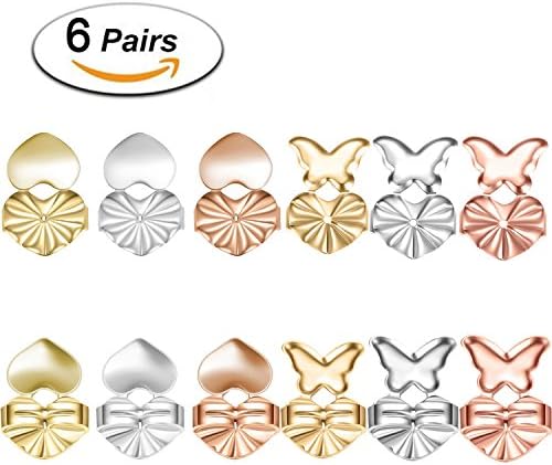 Earring Lifter Backs,6 Pairs Earring Lifts Adjustable Hypoallergenic Sterling Silver Plated,2 Pair of Silver Plated 2 Pair of Gold Plated and 2 Pair Rose Gold Plated(Heart and Butterfly)
