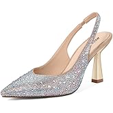MUCCCUTE Kitten Heels for Women Slingback Heels Pointed Toe Pumps Rhinestones Pearls Stiletto Sparkly Bridal Sandals for Wedding Prom Dating