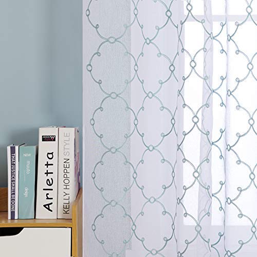 Deconovo Eyelet Faux Linen Net Curtains Embroidery Diamond Voile Curtains Super Soft Semi Sheer Curtains 55 x 70 Drop Inch Blue 1 Pair