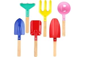 UMUACCAN Beach Toys for Kids, 6Pcs 8'' Kids Gardening Tools Sand Toys Set, Metal Garden Tools with Sturdy Wooden Handle, Cylinder, Spoon, Fork, Rake, Flat & Pointed Shovel, Gifts for Children
