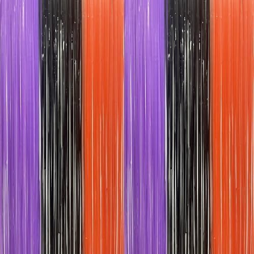BRAVESHINE 2PCS Halloween Party Decorations Black Orange Purple Tinsel Curtains - 3.3 x 8.2 ft Foil Fringe Curtain Photo Booth Backdrop Streamers for Witches Wizards Halloween Party Supplies