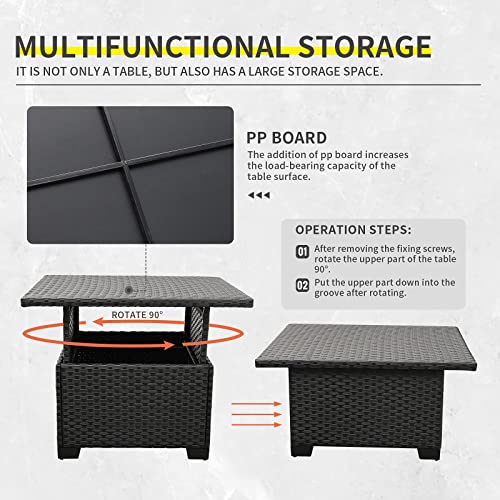 Patio Rattan Coffee Table with Hidden Storage, Wicker Liftable Dinning