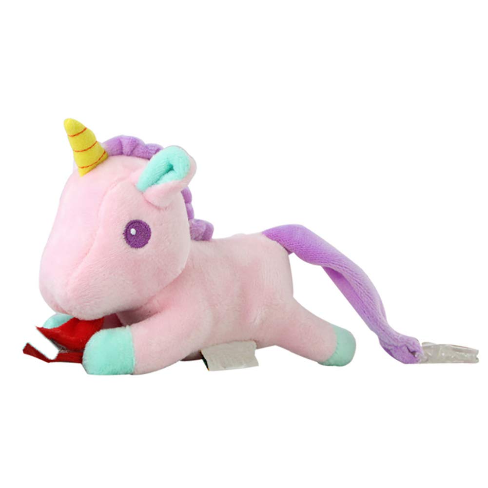 Beito Unicorn Pacifier Holder with Removable Plush Stuffed Animal Toy and Rattle for Infant without Nipple(Pink)