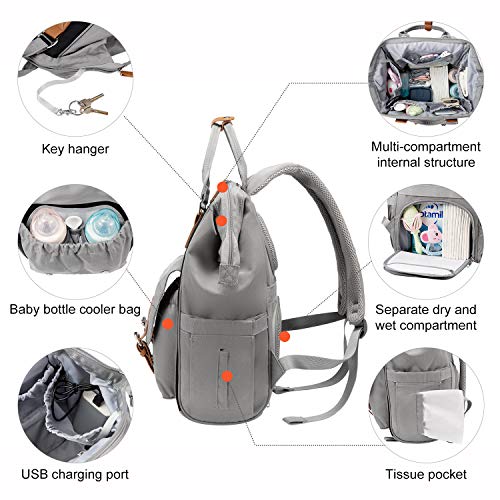 Baby Wickelrucksack Wickeltasche, LOVEVOOK Wasserdicht Babytaschen für Mama, Babyrucksack Groß mit Zwischenschichtbrett USB Ladeanschluss, Mamatasche Baby Bag für Mom Kinderwagen Schwarz Grau