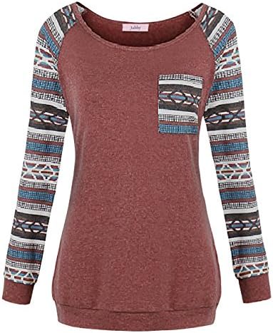 Jubby Tunic Shirt, Ladies Bohemian Clothing O Neck Blouses Fashion Ethnic Wear Patchwork Long Sleeve Tunics Graphic Print Trendy Prime Nice Drape Tops With Pocket For Women XL Red