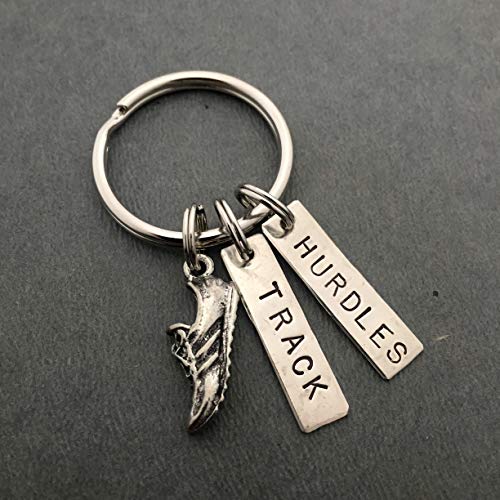 RUN TRACK HURDLES Key Chain - Running Shoe Charm and Hand Stamped TRACK and HURDLES Pendants on Round Key Ring