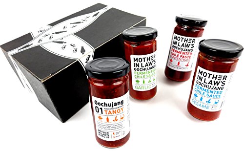 Mother-in-Law’s Kimchi Gochujang Sauces 4-Flavor Variety: One 9 oz Jar Each of Concentrated, Tangy, Sesame, and Garlic in a BlackTie Box (4 Items Total)