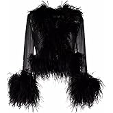 Youlander Fur FE-19 See-Through Top with Real Feather Collar and Cuffs Silk Shirt for Women Sexy Girls Jacket