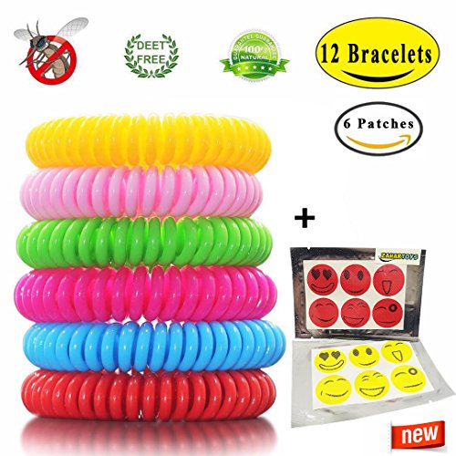 Mosquito Repellent Bracelet For Kids, Adults & Pets - Travel Insect Repellent Design For Maximum Protection Against Bugs, Pests, Waterproof - 12 Pack with FREE BONUS 6 Emoji Patches 100% Safe