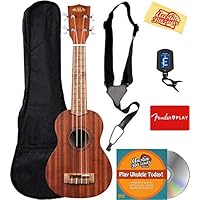 Kala KA-15S Satin Mahogany Soprano Ukulele Bundle with Gig Bag, Tuner, Strap, Fender Play, Austin Bazaar Instructional DVD, and Polishing Cloth