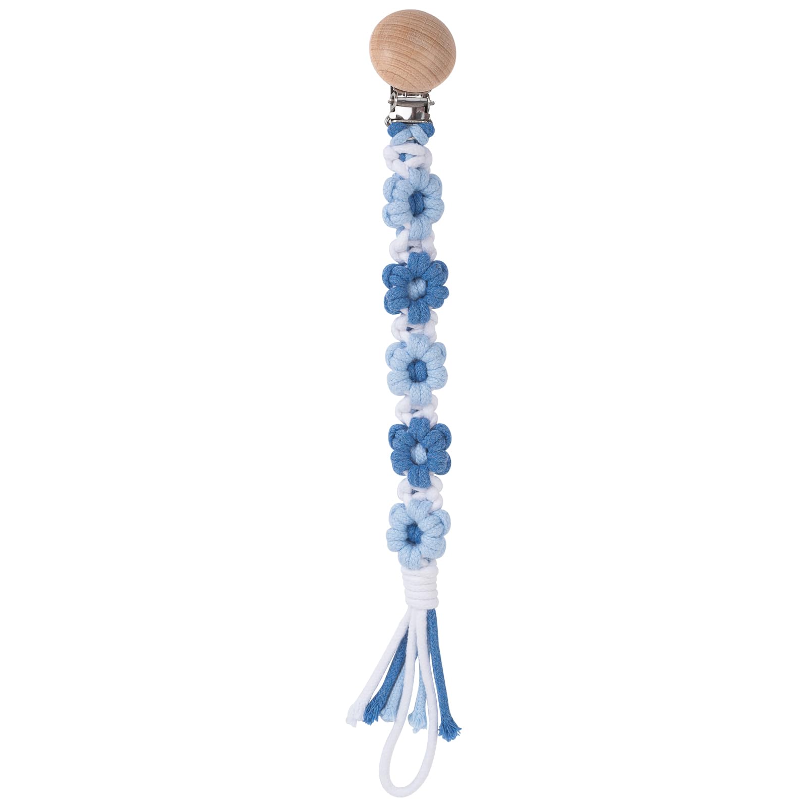 Photo 1 of Symbolife Pacifier Clip for Boys Girls Floral Daisy Macrame Baby Paci Clip Pacifier Holder Leash Boho Wooden Clips Handmade Braided Cotton Binky Clips (1pack:Blue Daisy A)