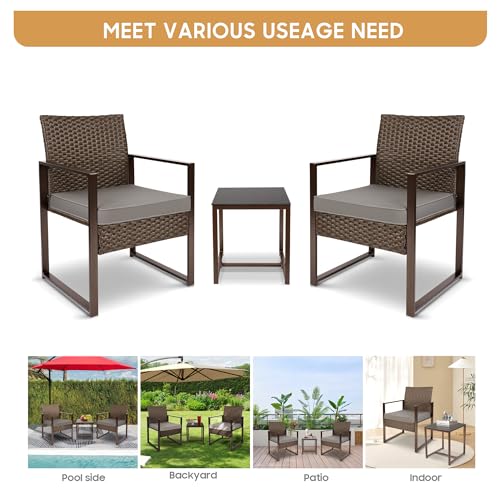 YIYAN 3 Pieces Outdoor Furniture Set Patio Rattan Wicker Chairs & teatable,Lawn Garden Balcony Backyard,with Washable Cushion (Gray)