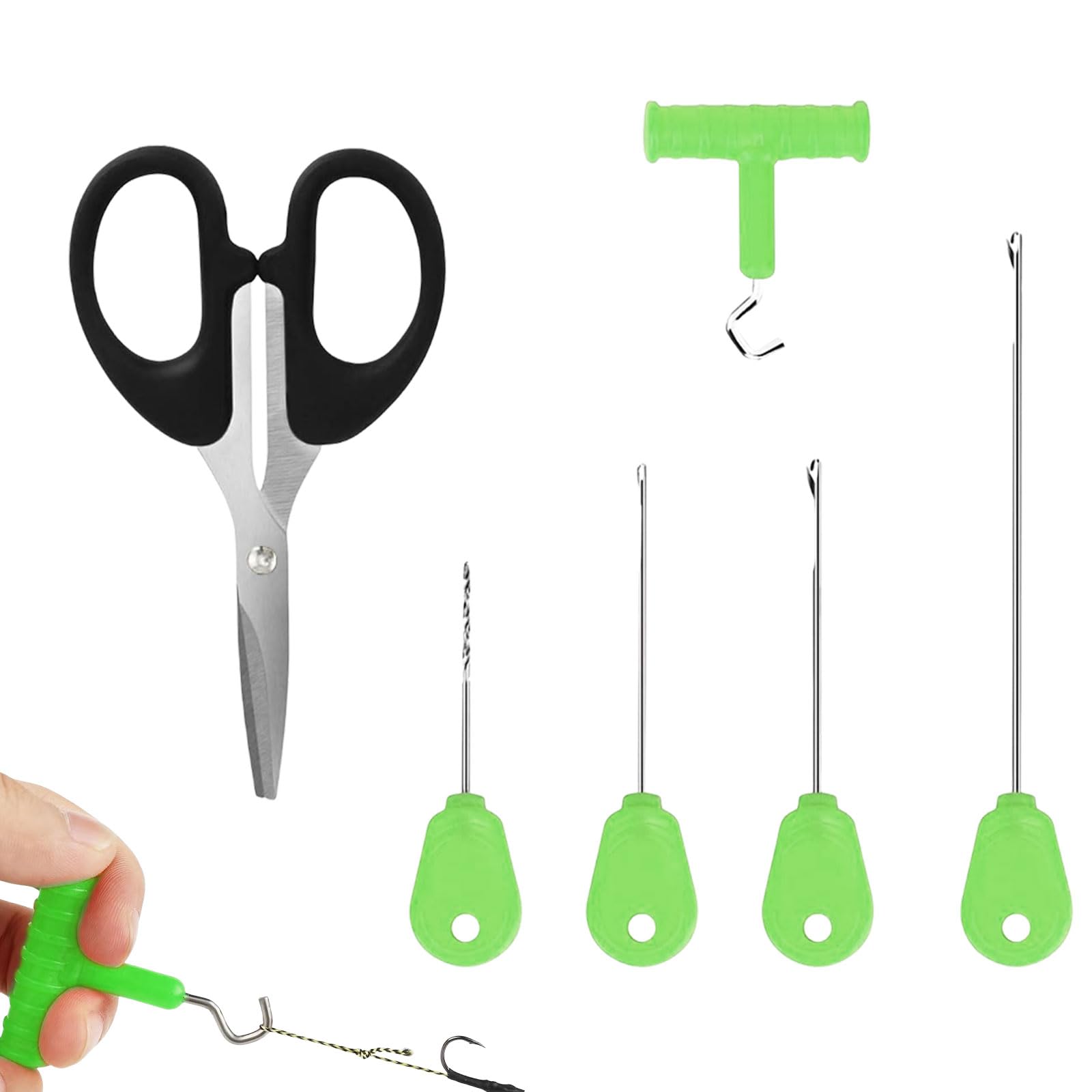OTKARXUS Fishing Baiting Needle,6 in 1 Carp Fishing Tackle Kit,Fishing Baiting Rigs Tool Bait Needle with Line Scissors for Lures Bait Driller (Green)