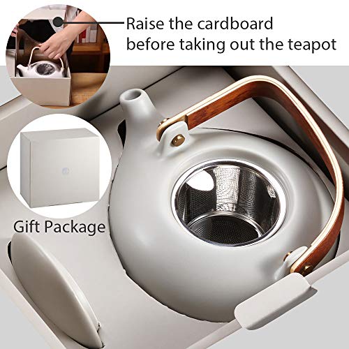 ZENS Teapot with Infuser,Modern Ceramic Japanese Tea Pot 27 Ounces with Bentwood Handle for Loose Tea and Adults, Matte Grey 800ML - Thumbnail 6