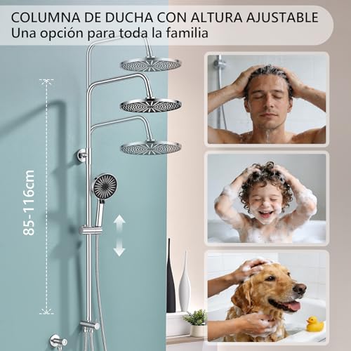 KeeGone Kit de ducha sin grifería ajustable en altura Ducha de lluvia redonda 26 cm y ducha de mano 3 chorros Acero inoxidable instalación rápida