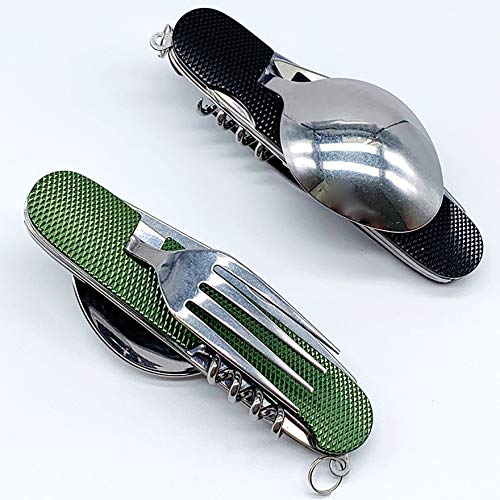 6-in-1 Multi-Function Camping Flatware Utensil Folding Knife Cutlery Detachable Pocket Kits with Carrying Pouch (2 Packs: Black + Green)