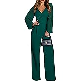 Pink Queen Jumpsuits for Women Dressy Patchwork Chiffon Sleeve V Neck Wide Leg Romper Holiday Party Outfits