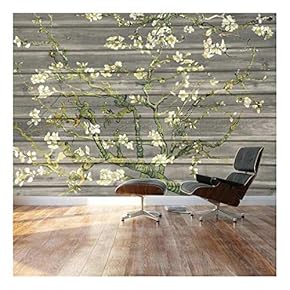 "Almond Blossom by Vincent Van Gogh - Floral Painting on a Soft Gray Wood Paneled Background - Wall Mural, Removable Sticker, Home Decor - 66x96 inches