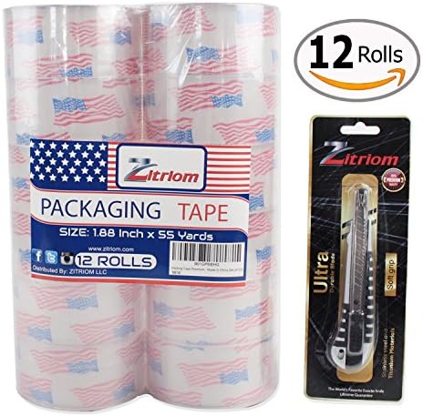 Packing Tape with Retractable Razor Knife Included Ultra Adhesive Clear Packaging - Box and Package Sealing Rolls for Shipping and Mailing - Fits Any Standard Guns and Dispensers (Set of 12)