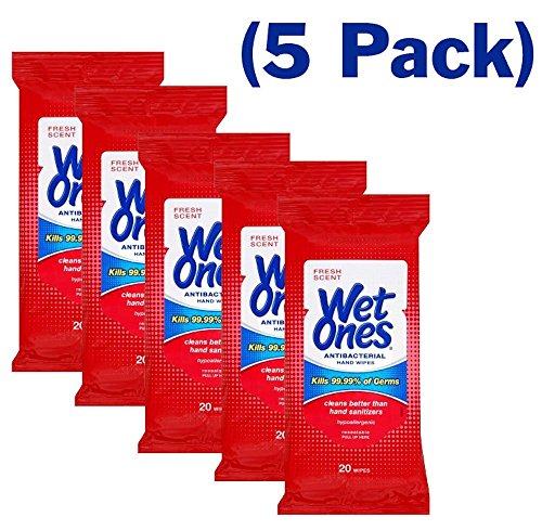 Wet Ones Wipes for Hands & Face, 20 Count Travel Pack (Pack of 5) 100 Wipes Total (Anti Bacterial)