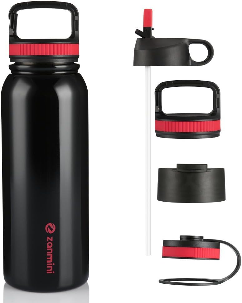 zanmini Water Bottle Sport Insulated Bottle Reusable Stainless Steel Traveling, Gym, Racing, Outdoor, Car Lid Antifuite Flip Flop Cap(Red 750ml Black 1000ml)