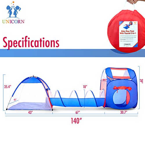 Unicorn Kids Play Tent with Tunnel - 3-in-1 Playhut Hours of Indoor Outdoor Fun Popup X-Large Ball Pit for Children Red and Blue