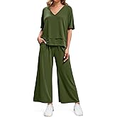 Tankaneo Womens 2 Piece Sets Casual Tracksuits Short Sleeve Tops Wide Leg Pants Outfits Lounge Sets