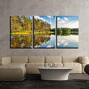 3 Piece Canvas Wall Art - Beautiful Forest Lake at Sunset - Modern Home Art Stretched and Framed Ready to Hang - 16"x24"x3 Panels