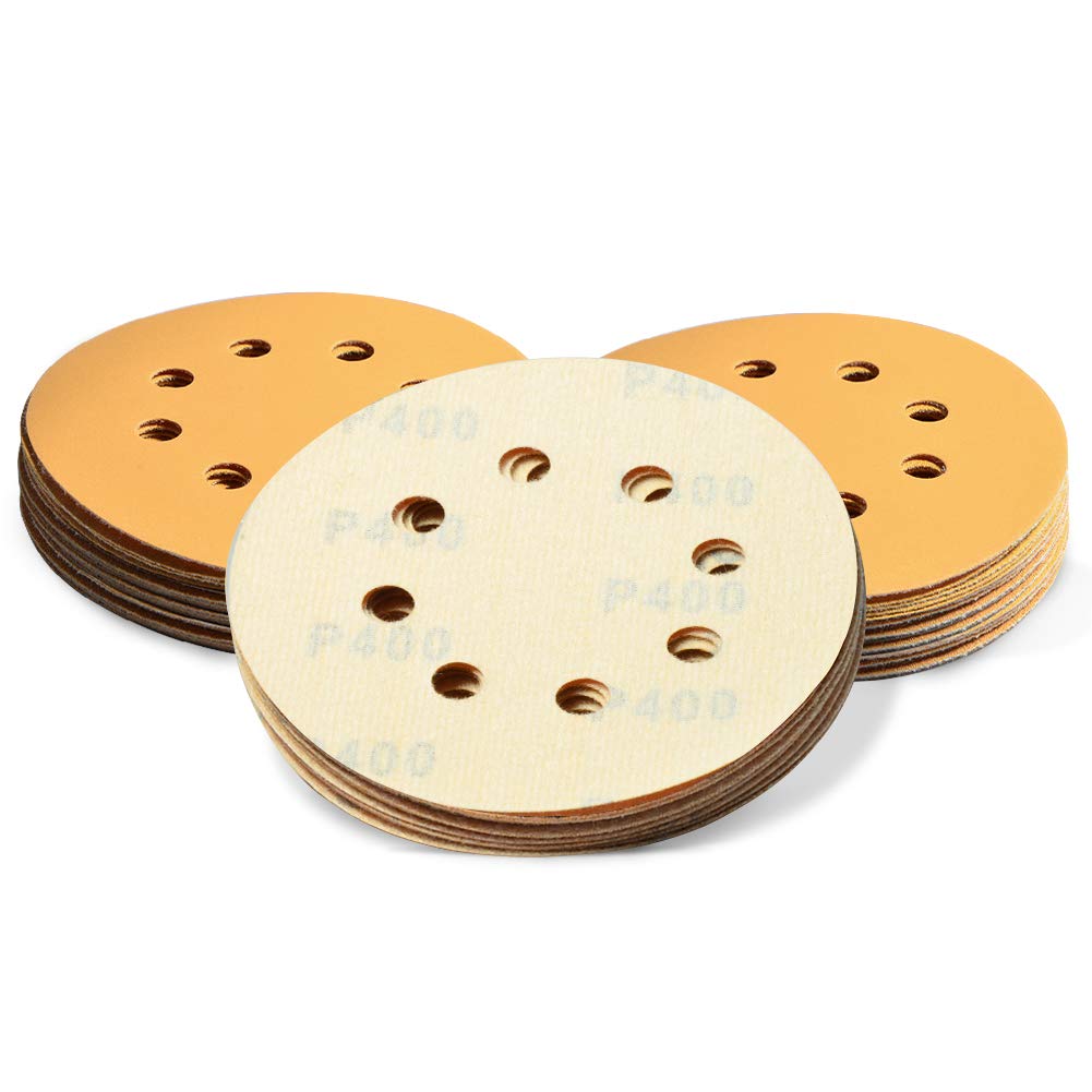 SPEEDWOX 50 Pcs 5 Inches 8 Hole Sanding Discs 400 Grit Dustless Hook and Loop Sandpaper for Random Orbital Sander Yellow Finishing Discs for Automotive Woodworking