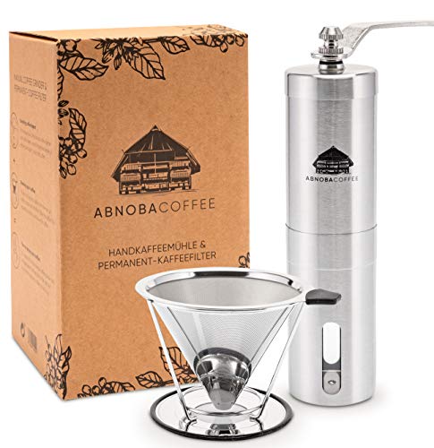 ABNOBACOFFEE Kaffee-Set manuelle Handkaffeemühle mit Permanentfilter aus Edelstahl